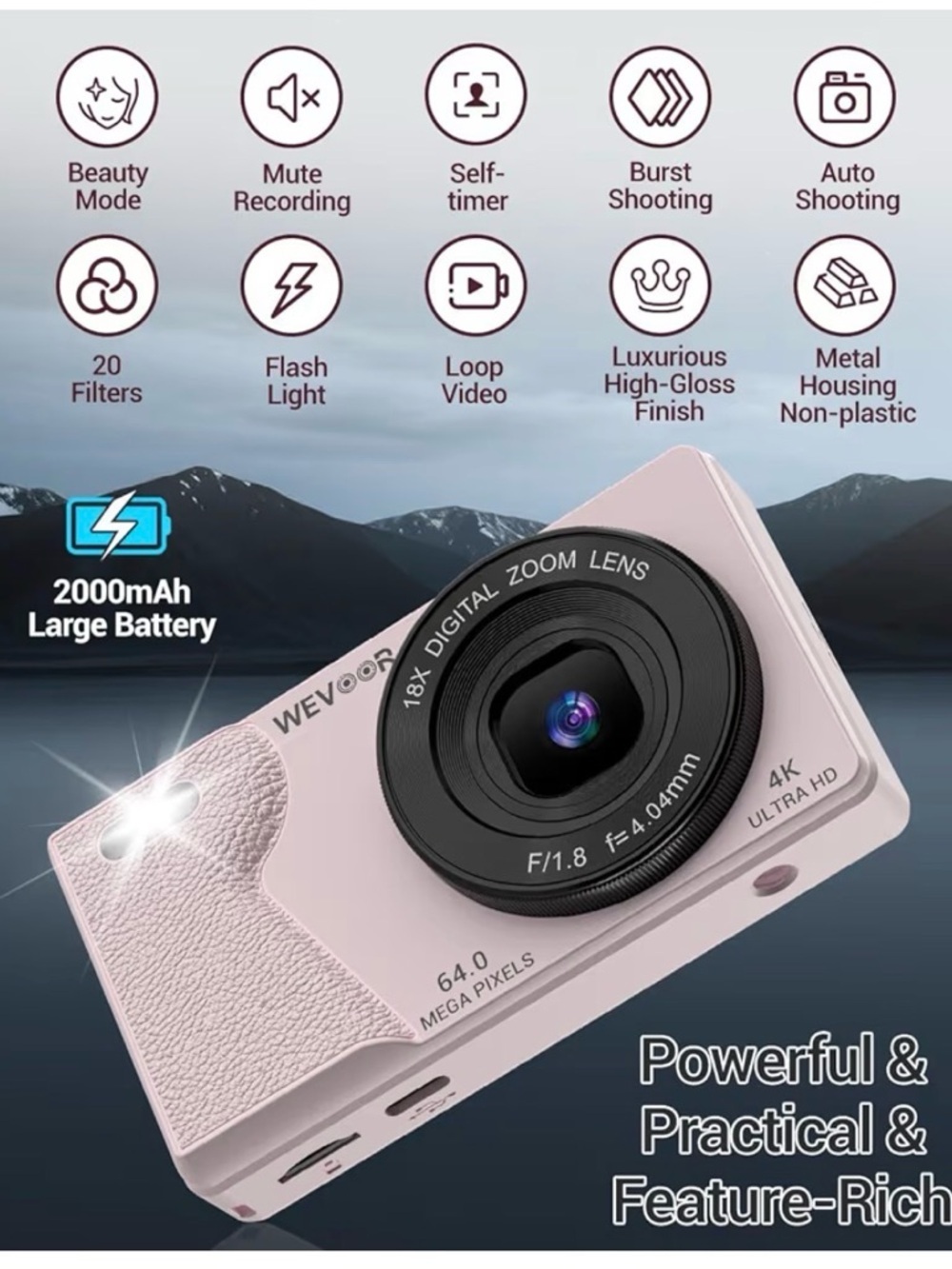 Pink Digital Camera 4K Ultra HD - 18x Zoom - Picture 4 of 5